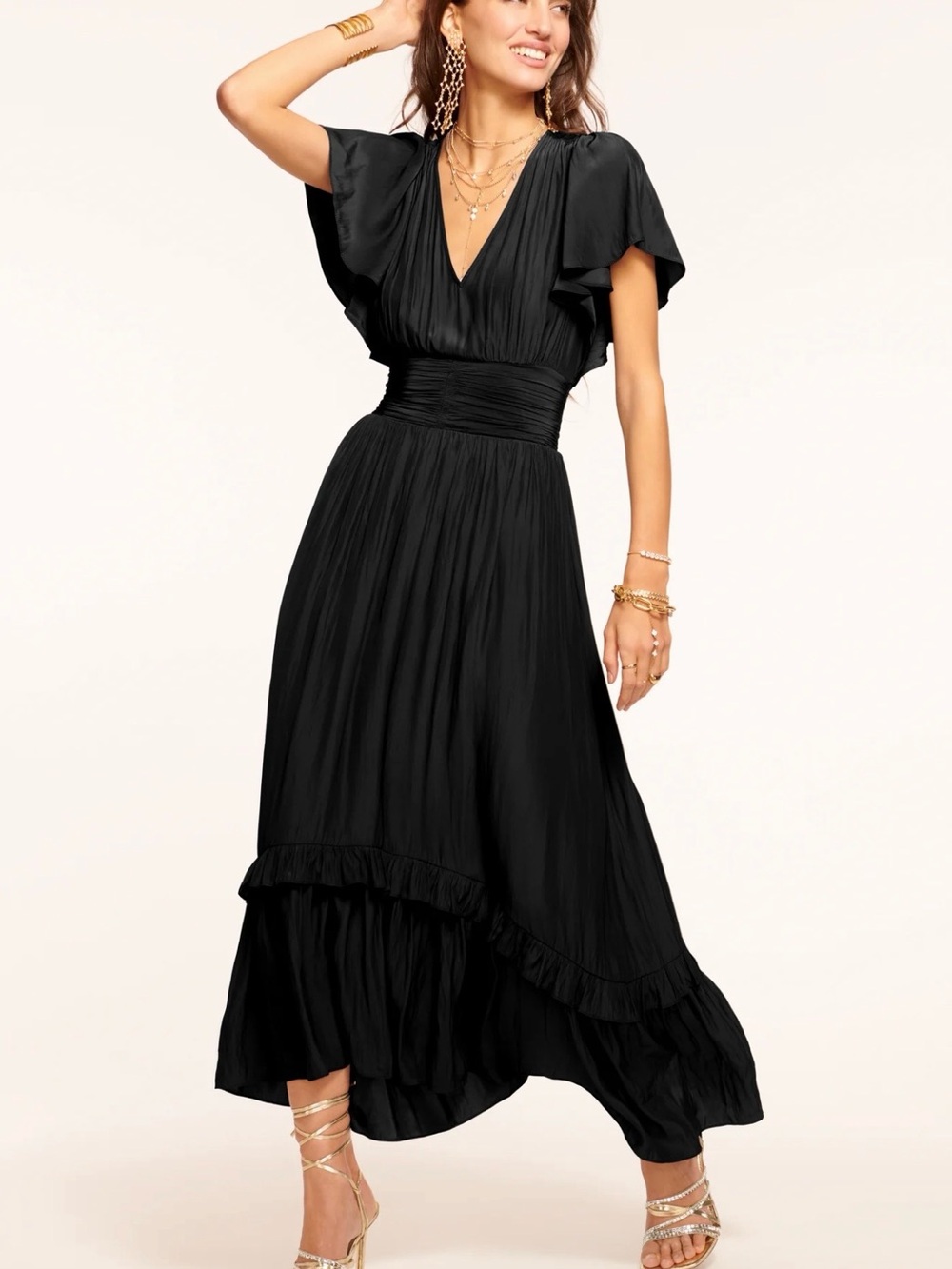 Ramy Brook Black V-Neck Joanie Midi Dress with Flutter Sleeves - Picture 2 of 5